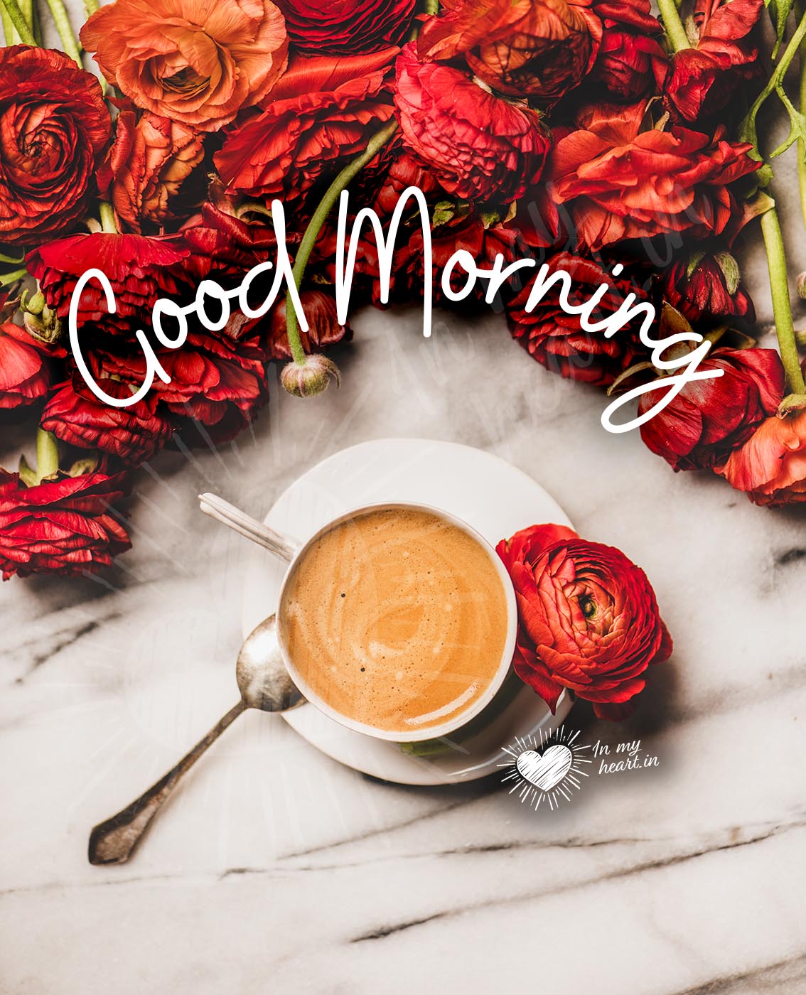 Good Morning image with coffee and red flowers Good Morning image with coffee and red flowers