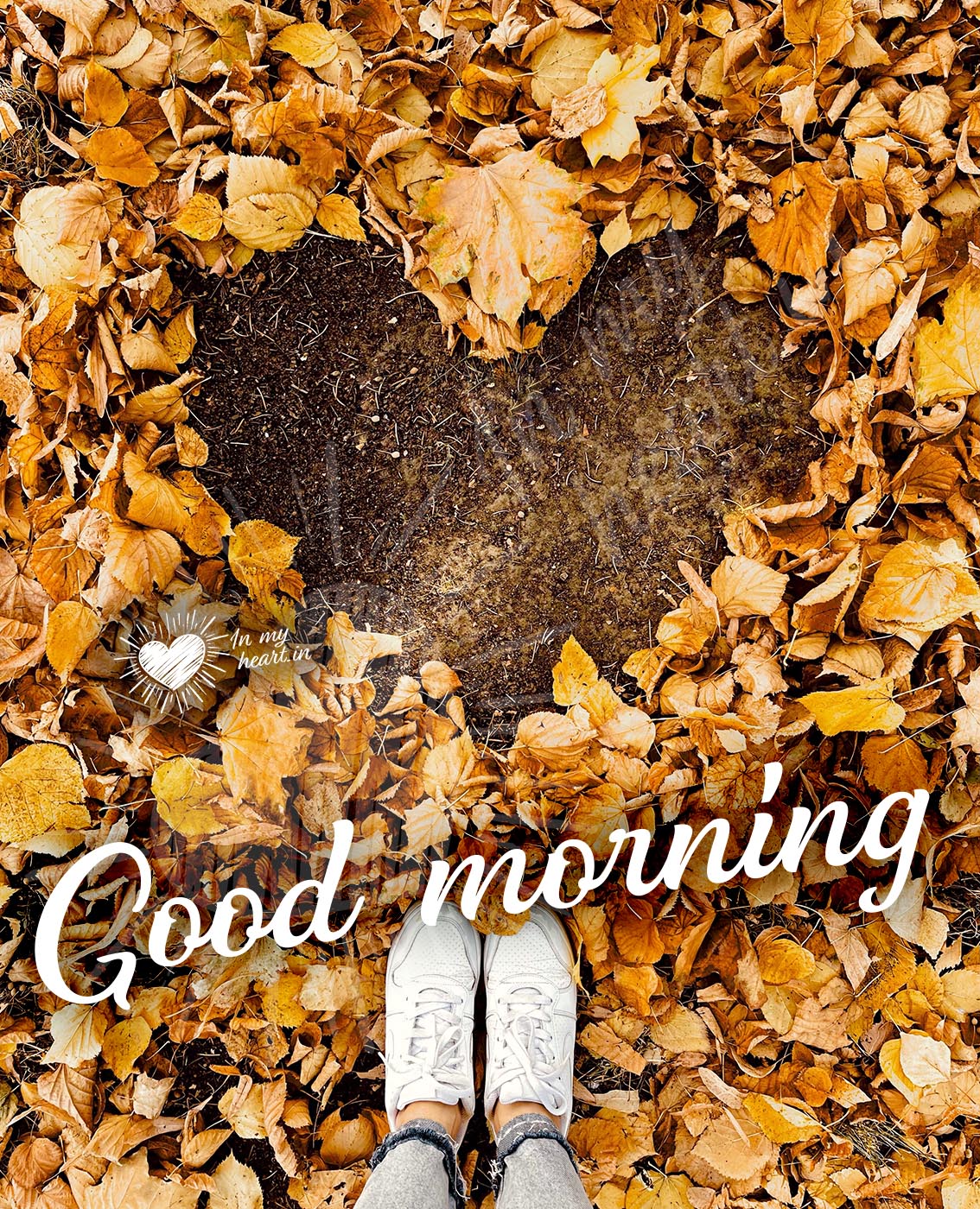 Good morning image. Autumn leaves in a shape of heart Good morning image. Autumn leaves in a shape of heart