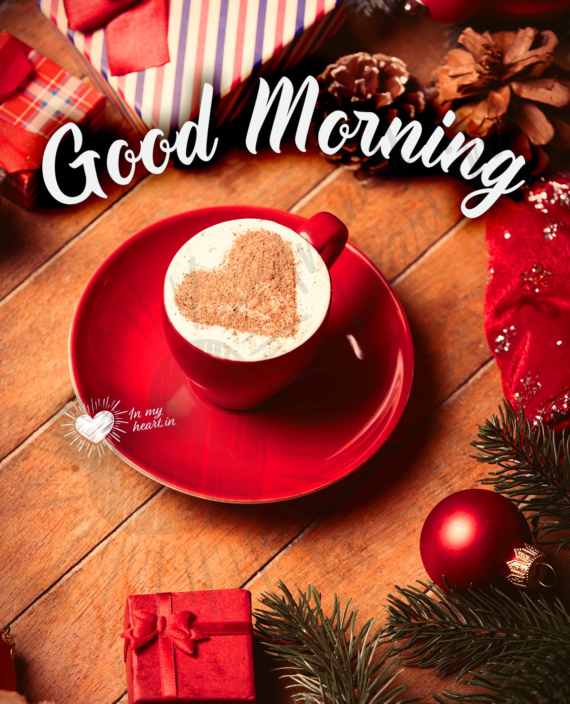 Christmas good morning image with a coffee among the Christmas decorations Christmas good morning image with a coffee among the Christmas decorations