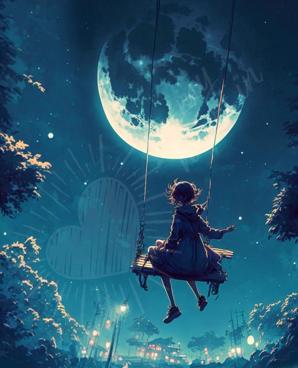 Little girl on a swing staring at the moon Little girl on a swing staring at the moon
